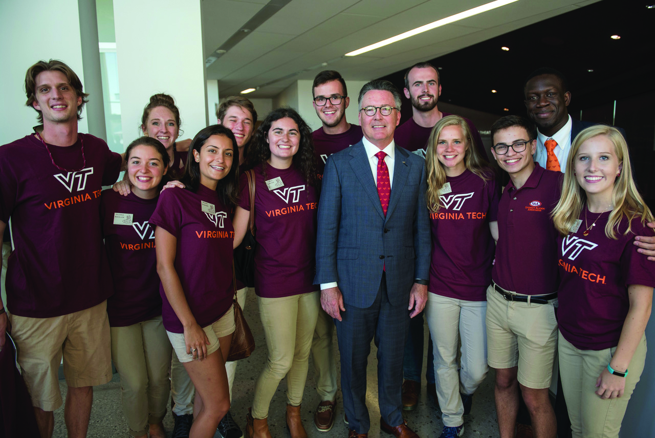 Student-focused: Virginia Tech President Tim Sands joins students following the State of the University address held in September.